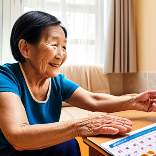 **

A dementia caregiver gently holding the hand of an elderly Chinese woman in a brightly lit, uncluttered room. The caregiver is making direct eye contact with a warm, reassuring smile. In the background, a large-print calendar with medication reminders is visible. The overall scene conveys comfort, trust, and active listening.

**