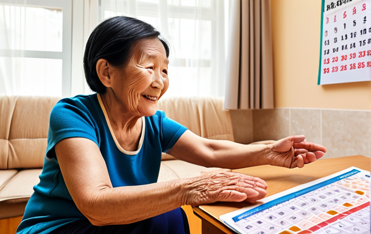 **

A dementia caregiver gently holding the hand of an elderly Chinese woman in a brightly lit, uncluttered room. The caregiver is making direct eye contact with a warm, reassuring smile. In the background, a large-print calendar with medication reminders is visible. The overall scene conveys comfort, trust, and active listening.

**