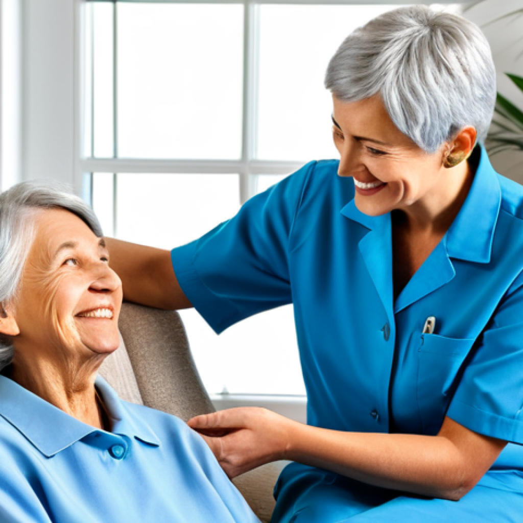 **
A professional female caregiver in a light blue uniform, smiling warmly at an elderly woman with short gray hair. The woman is sitting in a comfortable armchair in a bright, sunny living room filled with potted plants. Fully clothed, appropriate attire, safe for work, perfect anatomy, natural proportions, professional photography, high quality, modest, family-friendly.
**