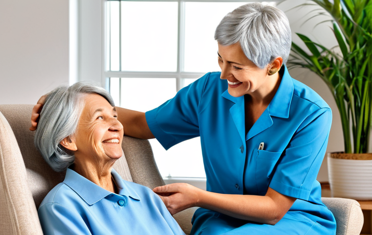 **

A professional female caregiver in a light blue uniform, smiling warmly at an elderly woman with short gray hair. The woman is sitting in a comfortable armchair in a bright, sunny living room filled with potted plants.  Fully clothed, appropriate attire, safe for work, perfect anatomy, natural proportions, professional photography, high quality, modest, family-friendly.

**
