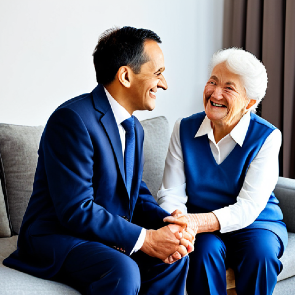 **
"A professional female geriatric care manager in a modest navy blue business suit, smiling warmly while consulting with a fully clothed elderly couple in a bright and cheerful living room. Appropriate attire, safe for work, family-friendly setting, perfect anatomy, correct proportions, well-formed hands, proper finger count, natural pose, professional photography, high quality."
**