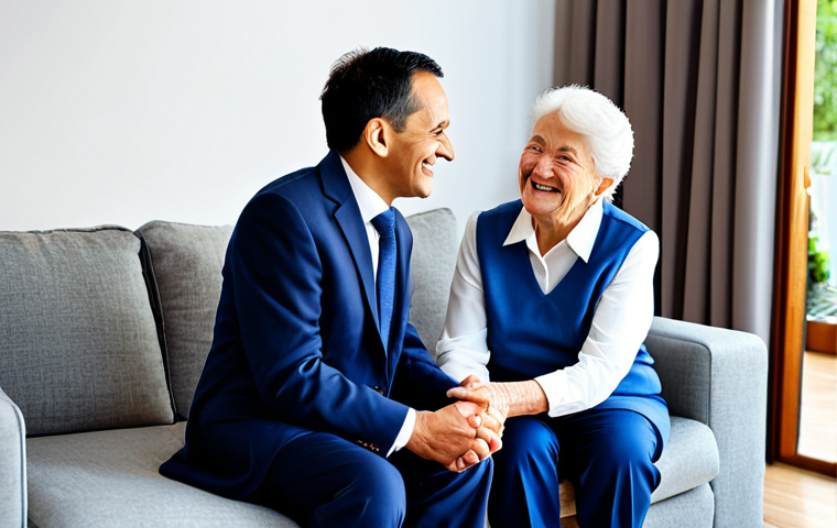 **

"A professional female geriatric care manager in a modest navy blue business suit, smiling warmly while consulting with a fully clothed elderly couple in a bright and cheerful living room.  Appropriate attire, safe for work, family-friendly setting, perfect anatomy, correct proportions, well-formed hands, proper finger count, natural pose, professional photography, high quality."

**