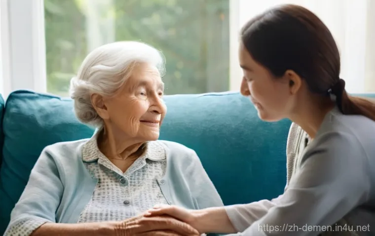 치매관리사와 치매 환자 심리 상담 - **Prompt:** A heartwarming and serene scene capturing a moment of profound empathy between a compass...