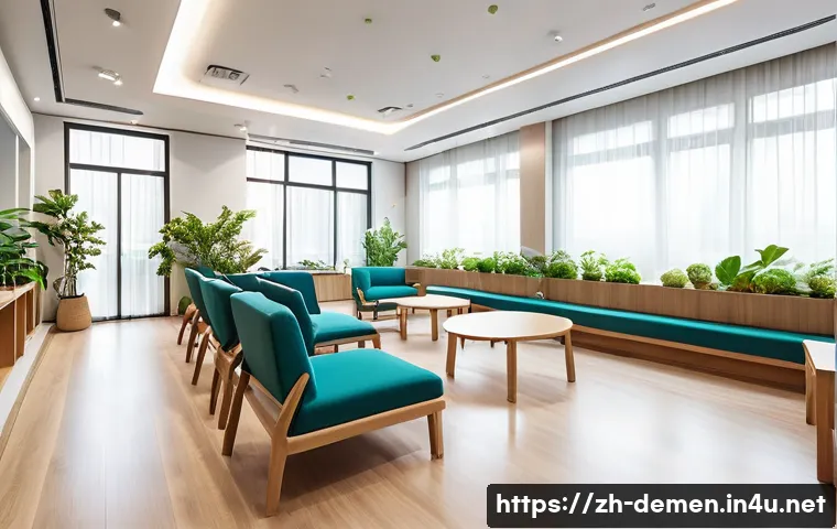 치매관리사 관련 정부 정책 변화 - A modern community service center in China designed for dementia patients, showcasing a bright, spac...